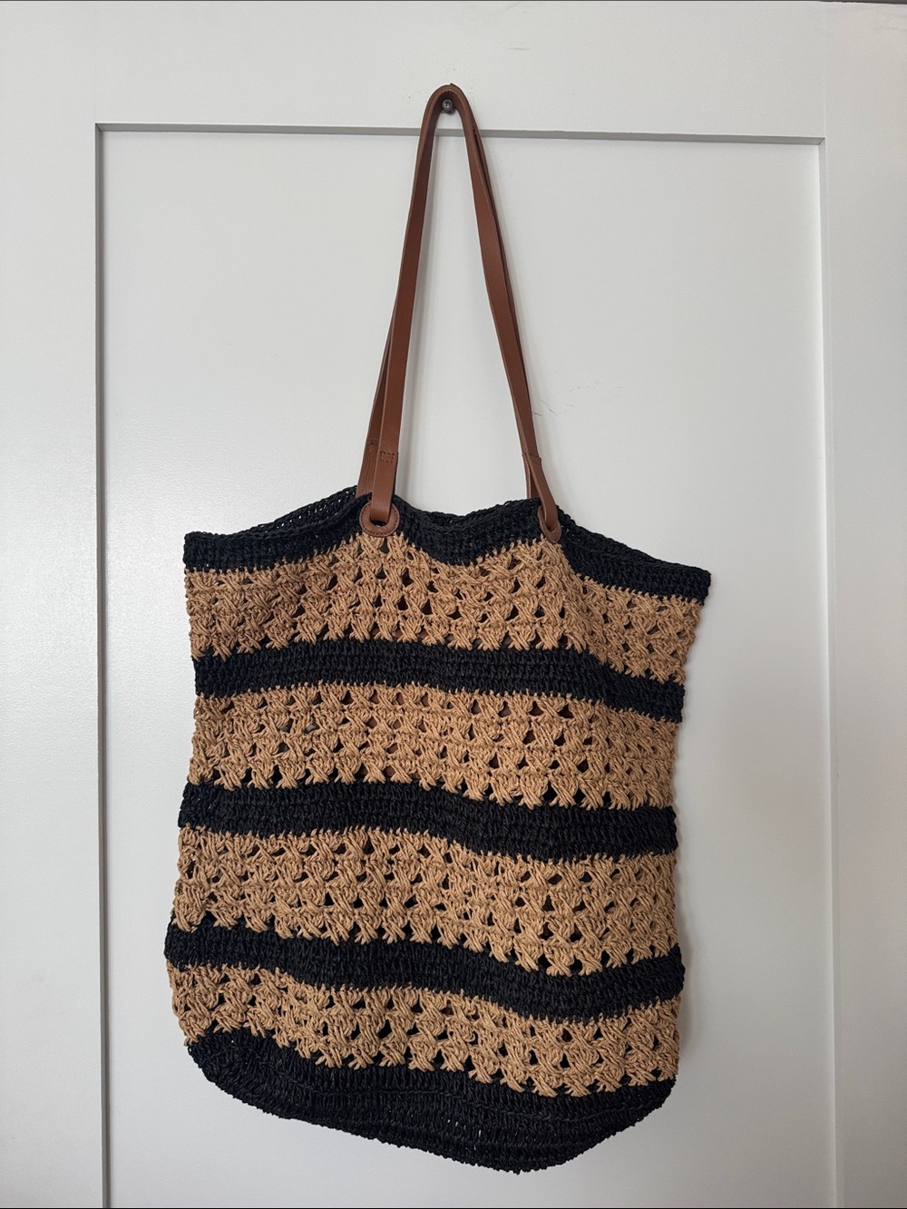 Striped Crochet Tote Bag with Brown Leather Straps
